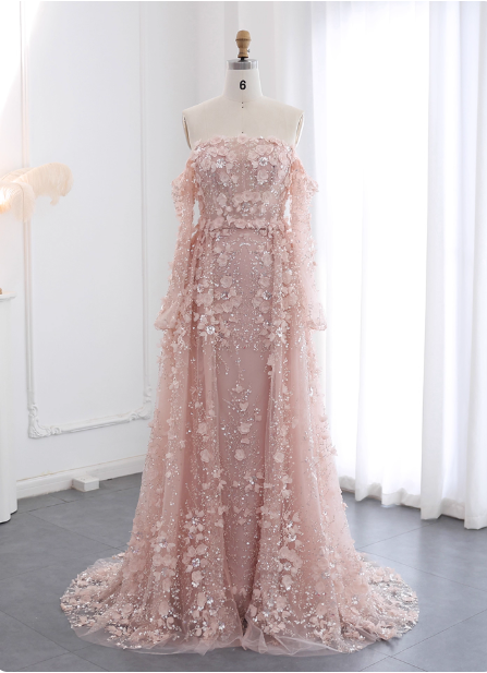 Princess Pink Train Off-The-Shoulder 3D Floral Tulle Classy Prom Dress Secondary image