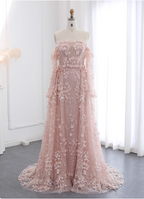 Princess Pink Train Off-The-Shoulder 3D Floral Tulle Classy Prom Dress