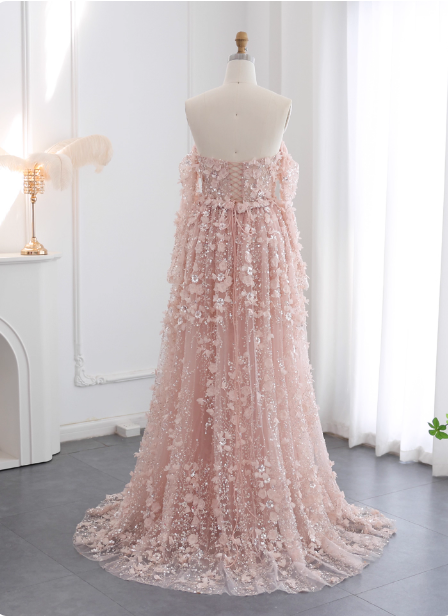 Princess Pink Train Off-The-Shoulder 3D Floral Tulle Classy Prom Dress