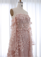 Princess Pink Train Off-The-Shoulder 3D Floral Tulle Classy Prom Dress