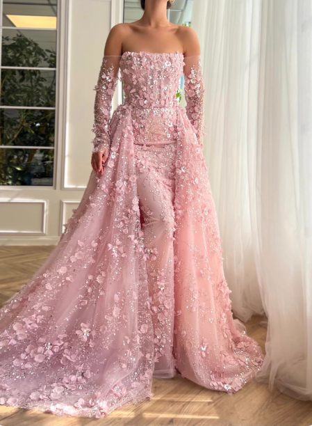 Princess Pink Train Off-The-Shoulder 3D Floral Tulle Classy Prom Dress Main image