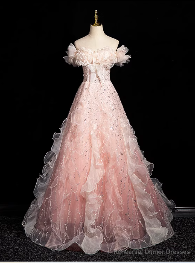 Princess Pink Tulle Sequins Off the Shoulder Prom Dress Main image