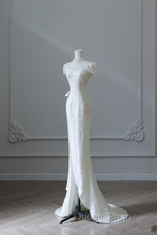 Princess Sheath High Neckline White Sequin Long Wedding Dress Brides Dress Secondary image