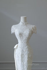 Princess Sheath High Neckline White Sequin Long Wedding Dress Brides Dress