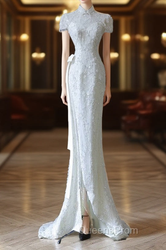 Princess Sheath High Neckline White Sequin Long Wedding Dress Brides Dress Main image