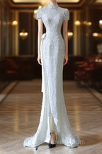 Princess Sheath High Neckline White Sequin Long Wedding Dress Brides Dress