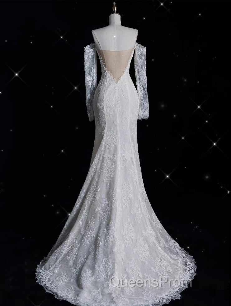 Princess Sheath Off The Shoulder White Lace Long Wedding Dress Brides Dress