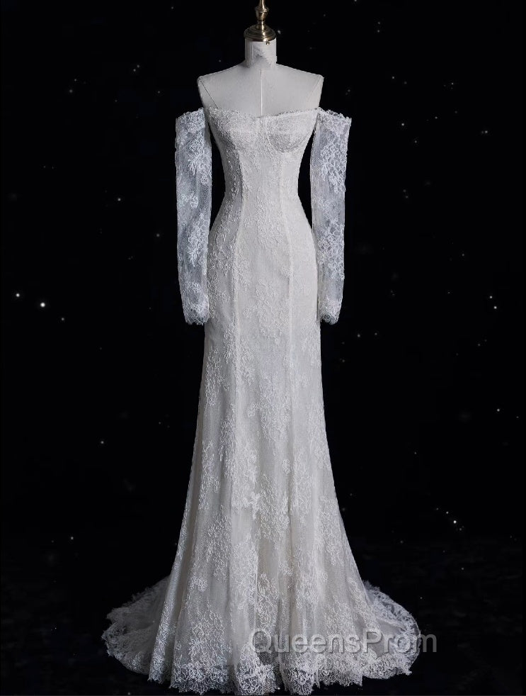 Princess Sheath Off The Shoulder White Lace Long Wedding Dress Brides Dress