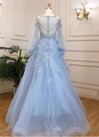 Princess Sky Blue Long Crew Neck Feather Sparkling Diamond Tulle Classy Prom Dress