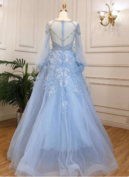 Princess Sky Blue Long Crew Neck Feather Sparkling Diamond Tulle Classy Prom Dress