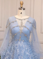 Princess Sky Blue Long Crew Neck Feather Sparkling Diamond Tulle Classy Prom Dress