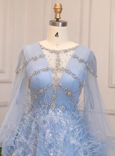 Princess Sky Blue Long Crew Neck Feather Sparkling Diamond Tulle Classy Prom Dress