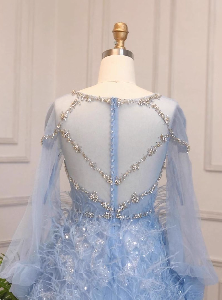 Princess Sky Blue Long Crew Neck Feather Sparkling Diamond Tulle Classy Prom Dress