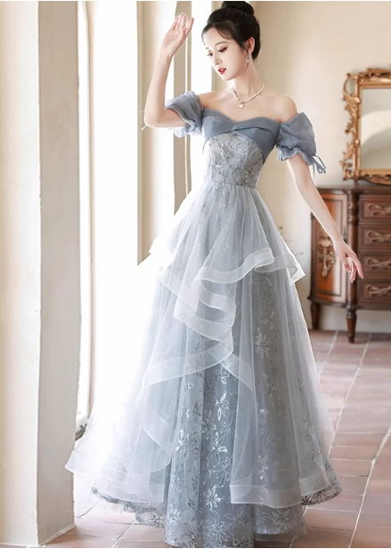 Princess Slate Blue A-Line Puff Sleeve Embroidered Tulle Long Classy Prom Dress