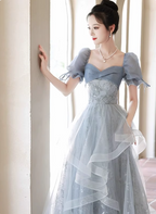 Princess Slate Blue A-Line Puff Sleeve Embroidered Tulle Long Classy Prom Dress