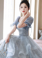 Princess Slate Blue A-Line Puff Sleeve Embroidered Tulle Long Classy Prom Dress