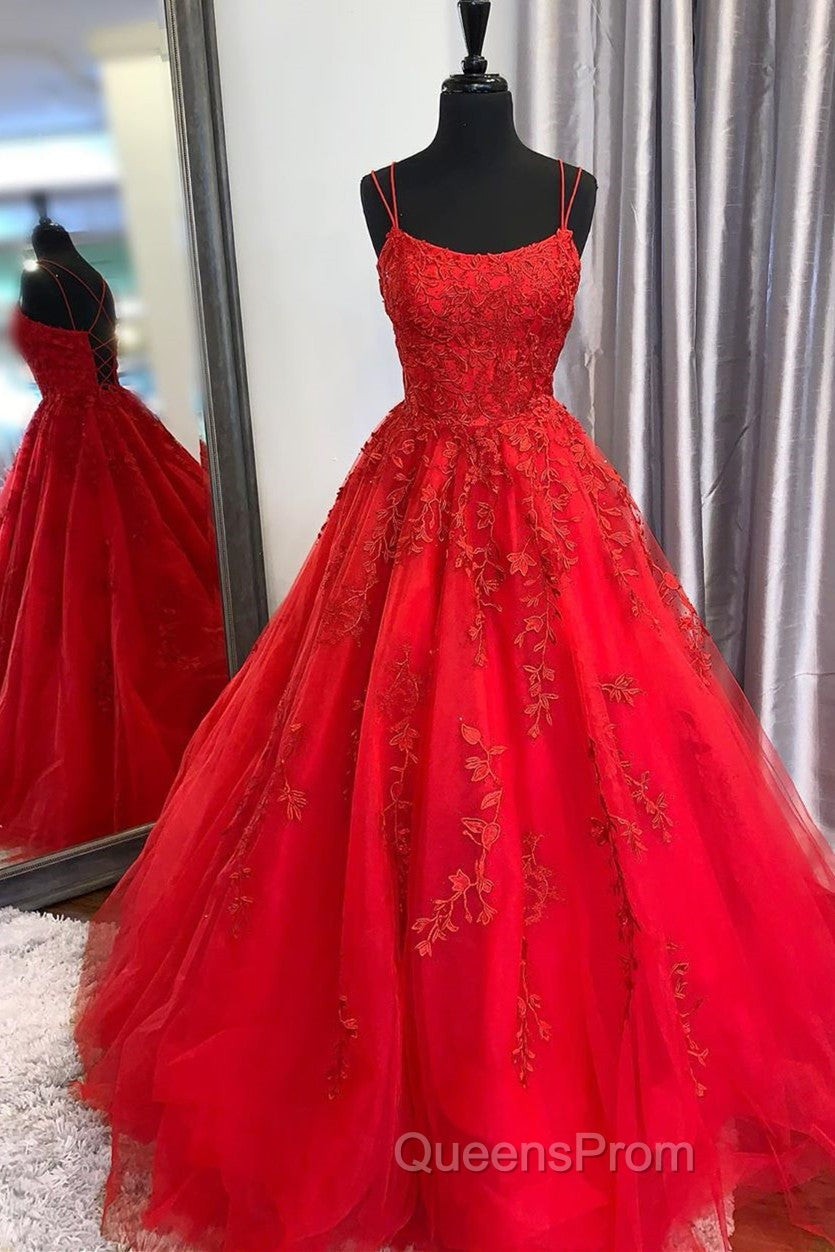 Princess Straps Long Evening Prom Dress with Lace Appliques,Evening Gowns