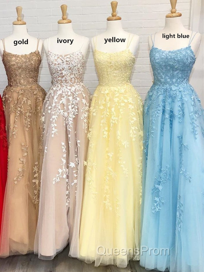 Princess Straps Long Evening Prom Dress with Lace Appliques,Evening Gowns