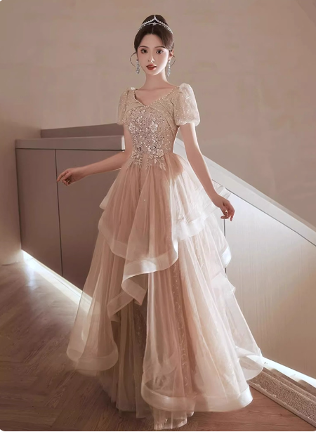 Princess Sweet Champagne Nude A-Line Puff Short Sleeve Layered Tulle Long Classy Prom Dress Secondary image