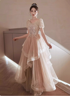 Princess Sweet Champagne Nude A-Line Puff Short Sleeve Layered Tulle Long Classy Prom Dress