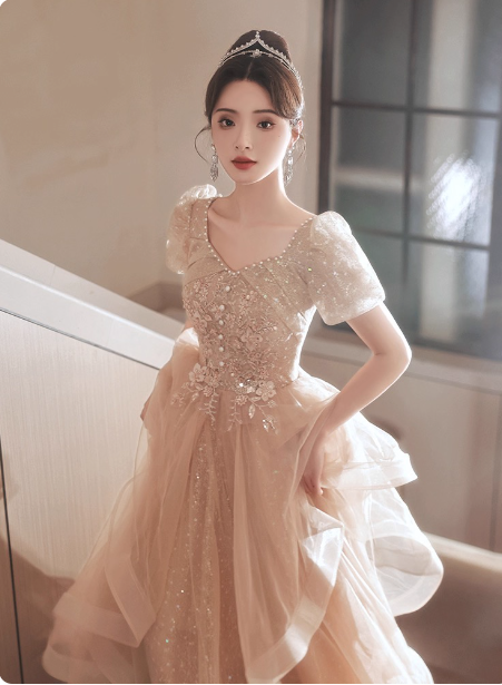 Princess Sweet Champagne Nude A-Line Puff Short Sleeve Layered Tulle Long Classy Prom Dress