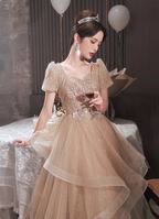 Princess Sweet Champagne Nude A-Line Puff Short Sleeve Layered Tulle Long Classy Prom Dress