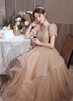 Princess Sweet Champagne Nude A-Line Puff Short Sleeve Layered Tulle Long Classy Prom Dress