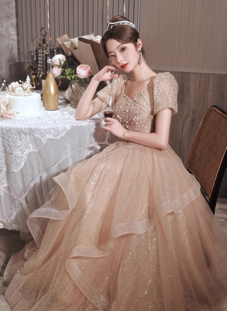Princess Sweet Champagne Nude A-Line Puff Short Sleeve Layered Tulle Long Classy Prom Dress