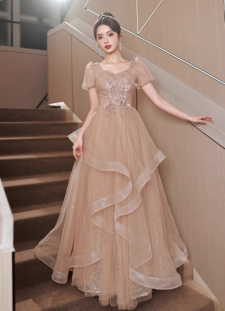 Princess Sweet Champagne Nude A-Line Puff Short Sleeve Layered Tulle Long Classy Prom Dress