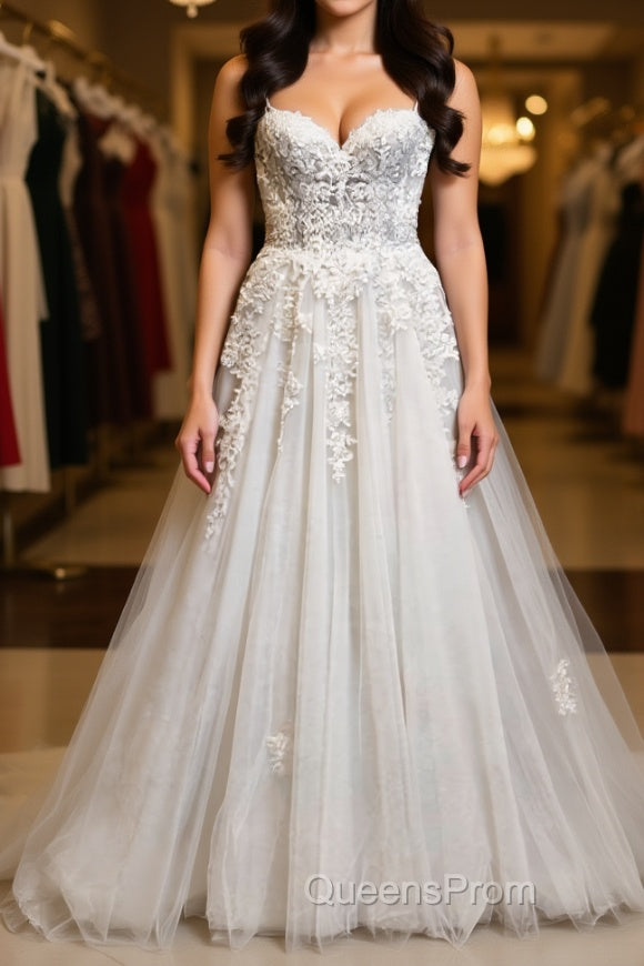 Princess Sweetheart Neck White Lace Evening Prom Wedding Dress, Ivory Lace Formal Dress, White Evening Dress Main image
