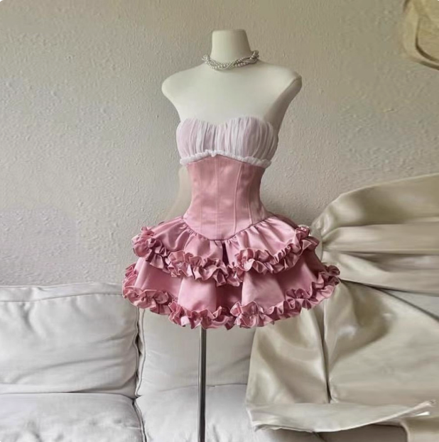 Princess Tube Top Fishbone Waist Ruffled Puffy Birthday Skirt Homecoming Dress Main image