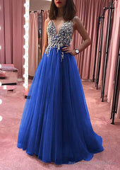 Princess V Neck Court Train Tulle Prom Dresses With Appliqued Beading