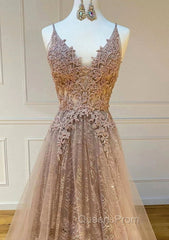 Princess V Neck Sweep Train Lace Tulle Yarn Evening Prom Dress With Glitter