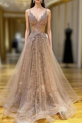 Princess V Neck Sweep Train Lace Tulle Yarn Evening Prom Dress With Glitter