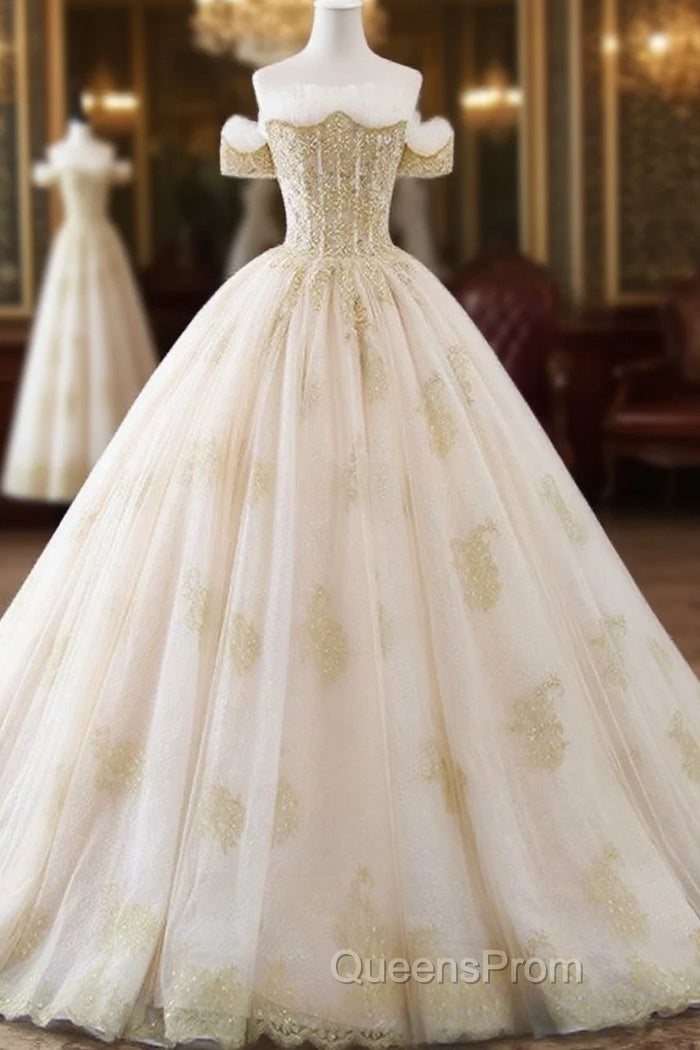 Princesse De Luxe Off The Shoulder Short Sleeve Beaded Sequins Appliques Luxury Princess Ball Gown Wedding Dress Evening Prom Dress Evening Dress