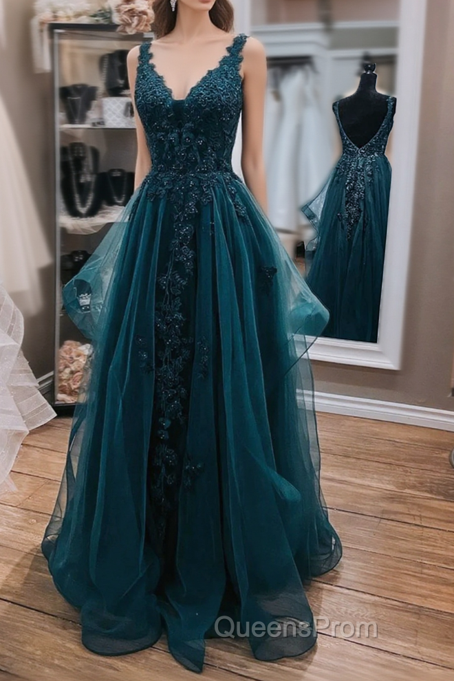 Teal Blue Tulle V-Neckline Long Party Dress With Lace, Teal Blue Long Evening Prom Dress Main image