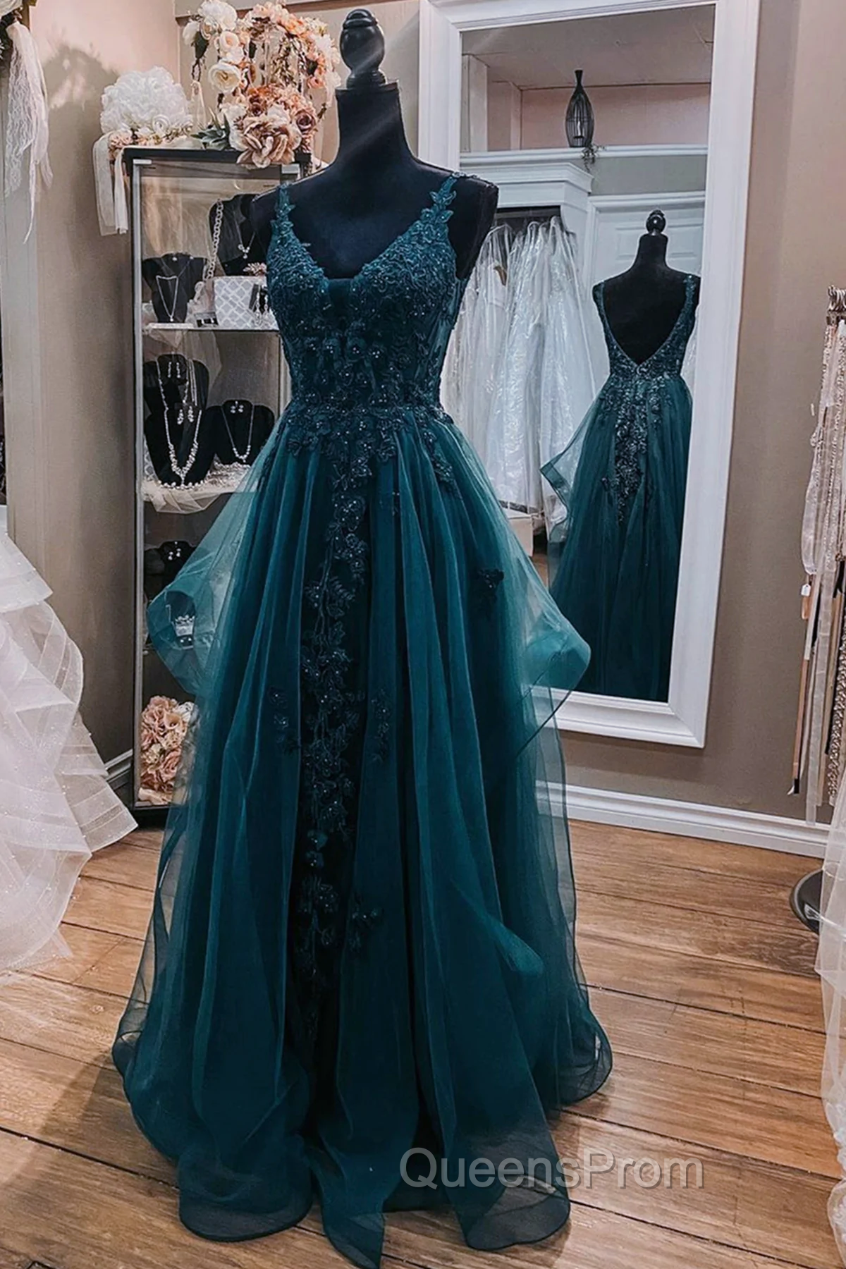 Teal Blue Tulle V-Neckline Long Party Dress With Lace, Teal Blue Long Evening Prom Dress Secondary image