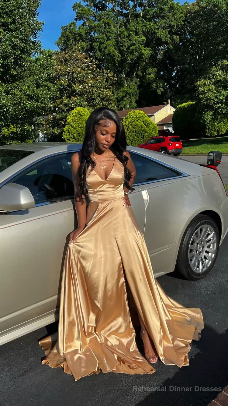 A Line V Neck Gold Prom Dresses, Sleeveless Satin Long Prom Dress Main image