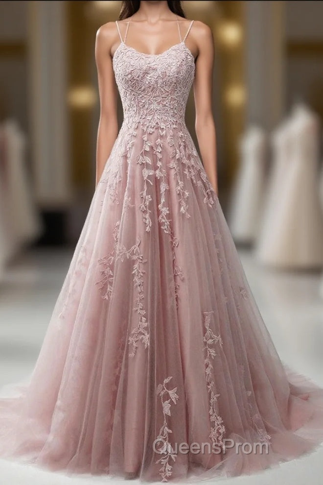 Pink Lace Applique A Line Elegant Spaghetti Straps Evening Prom Dress Main image