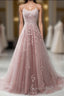 Pink Lace Applique A Line Elegant Spaghetti Straps Evening Prom Dress
