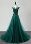 Deep Green Tulle Beaded Sweep Train Formal Prom Dress, Evening Dress