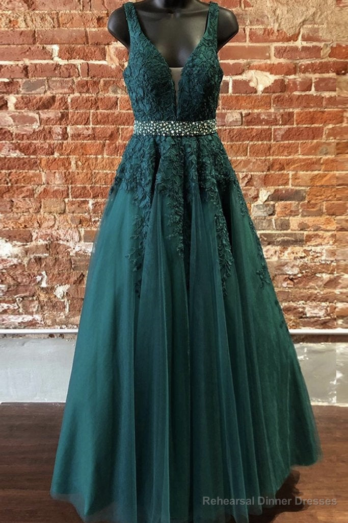 Deep Green Prom Dresses, Tulle Lace V Neck Long Prom Dress Formal Dress Main image