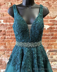 Deep Green Prom Dresses, Tulle Lace V Neck Long Prom Dress Formal Dress