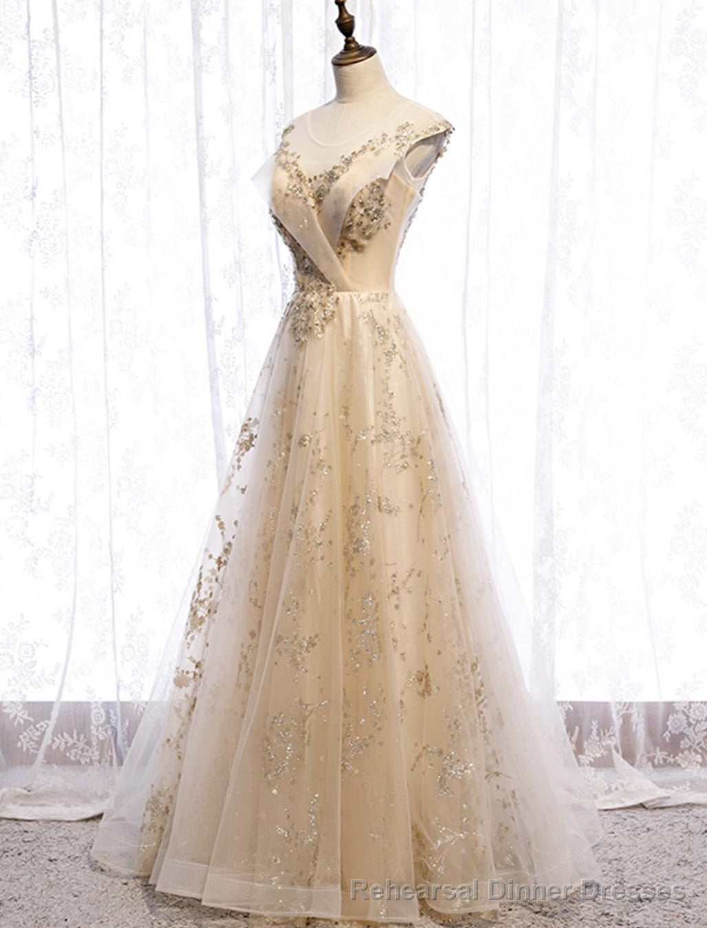 Champagne Tulle Sequins Long Prom Dress Evening Gown Secondary image
