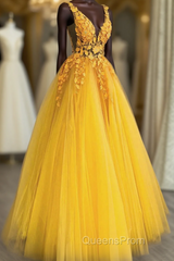 Yellow Tulle With Lace Applique Long Party Dress, A-Line Yellow Formal Dress