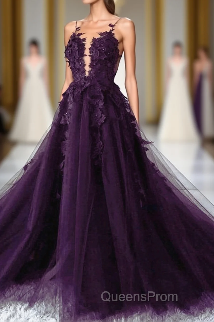 Dark Purple Tulle With Lace Applique Long Wedding Party Dress, Purple Formal Dress