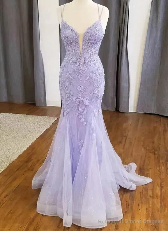 Straps Mermaid V-neck Tulle Appliques Lace Prom Dresses Main image