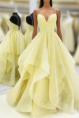 Light Yellow Tulle Straps Long Evening Prom Gown, Lace-Up Tulle Evening Dress