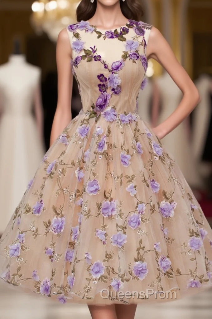A Line Jewel Tea Length Open Back Champagne Tulle With Appliques Flowers Short Homecoming Dress Main image