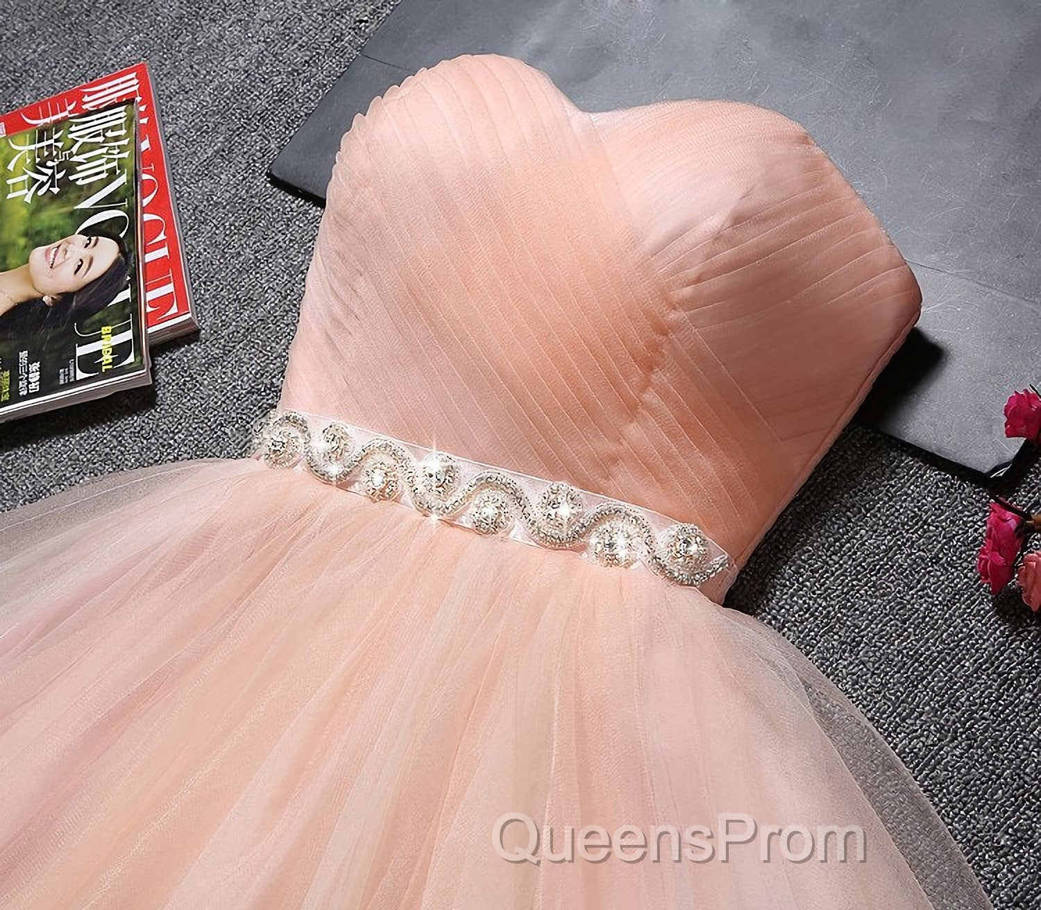 Strapless Blush Pink Tulle Short With Sash Sweet 16 Cute Evening Prom Dress Secondary image